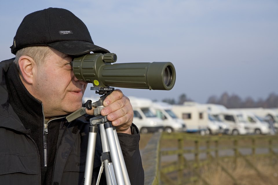 Man watching Eurasian Cranes (Grus grus) during Lake Hornborga Crane Festival - their spring stopover in Hornborga, Sweden.