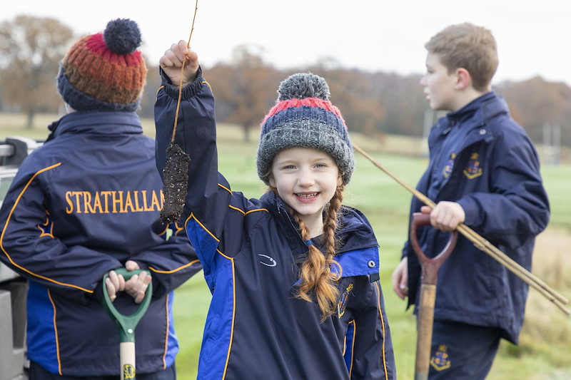 Pupils at Strathallan School planting trees in school grounds, Perthshire